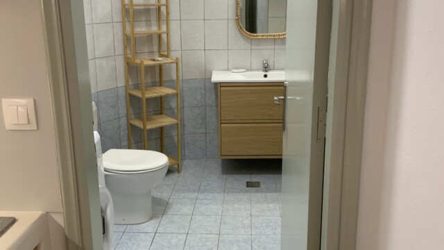 Large bathroom with shower, wash basin, storage and washing machine.